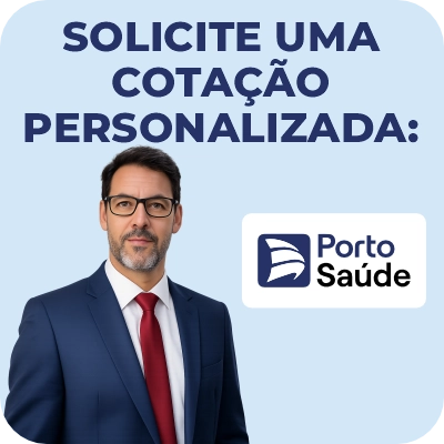 Solicite sua cotação personalizada Porto Saúde com nossa equipe especializada. Uma descrição concisa e descritiva da imagem, focada em palavras-chave relevantes, como: "Atendente sorridente fazendo gesto de legal com o polegar, ao lado do logo Porto Saúde, sob o texto 'SOLICITE UMA COTAÇÃO PERSONALIZADA: