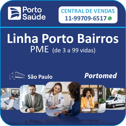 Banner do plano de saúde Porto Saúde Linha Bairros PME de 3 a 99 vidas em São Paulo com a central de vendas da Mazza Corretora. Plano de saúde Porto Saúde Linha Bairros PME de 3 a 99 vidas em São Paulo operado pela Portomed.