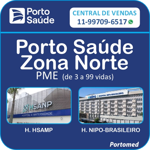 Cotação Porto Saúde Bairros Banner do plano de saúde Porto Saúde Zona Norte PME com fotos dos hospitais HSANP e Nipo-Brasileiro.