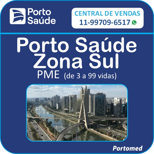 Banner do plano de saúde Porto Saúde Zona Sul PME com foto da Ponte Estaiada e contato da central de vendas da Mazza Corretora. Plano de saúde Porto Saúde Zona Sul PME para empresas com atendimento nos hospitais Santa Paula e Leforte Morumbi.